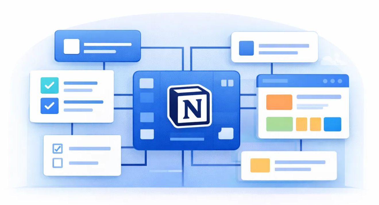 Graphic of business processes connected with Notion at the centre